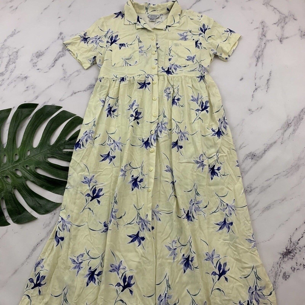 Vintage 90s Maxi Shirt Dress Size L Yellow Blue Floral Cottagecore Pockets Midi